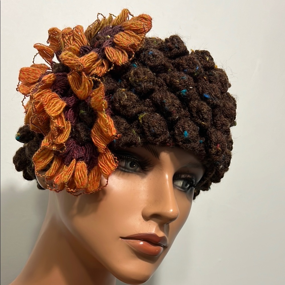 Brown  Hat with Orange Flower  Crochet Flapper Hat Personalized Headdress